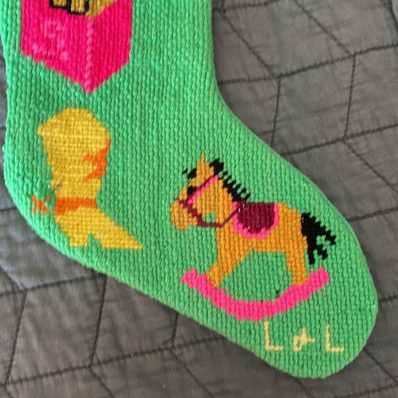 VINTAGE 70s Handmade Christmas stocking needlepoint signed cowboy puppy horse - Picture 7 of 10